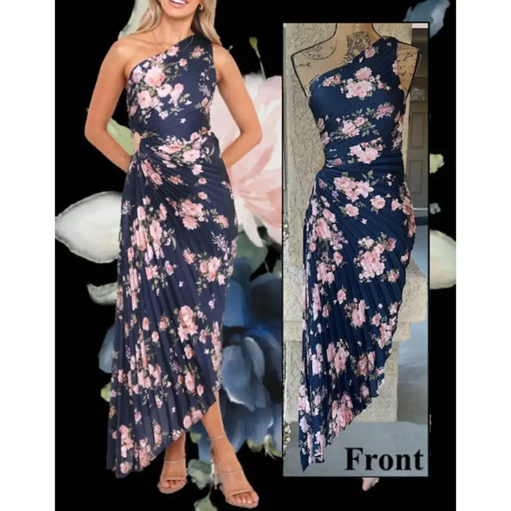 Petal & Pup Pleated Navy Floral One Shoulder Kleo Maxi Dress Size S - Picture 4 of 14